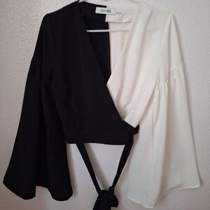 DO+BE Black and White Asymmetrical Wrap Blouse